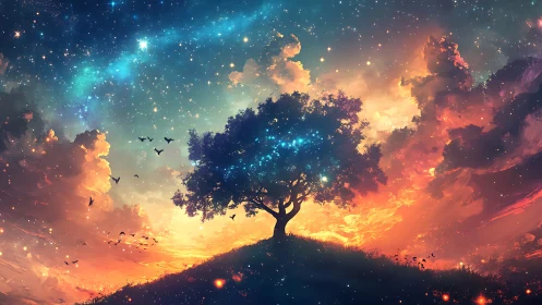 Lone tree on hill under starry multicolored sky at dusk.