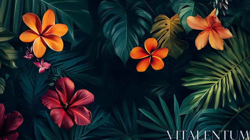 Tropical Floral Composition with Luminous Blooms Against Deep Foliage