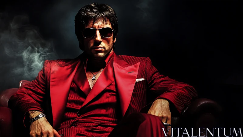 Stylized crime boss in red suit against dark smoky void.