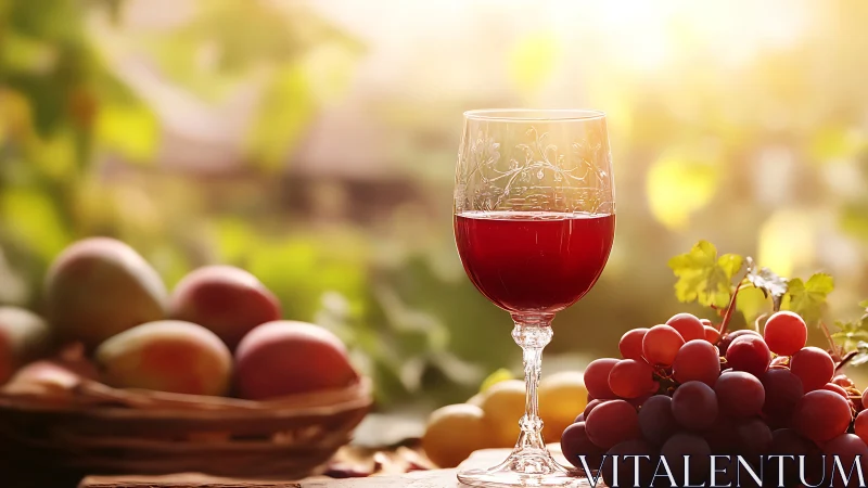 Sunlit vineyard whispers through a ruby glass of wine