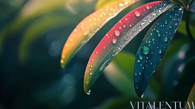 Colorful leaf blades with rain droplets in soft focus.