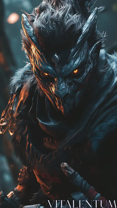 Fierce ember-eyed bird warrior pauses in a moody forest glow