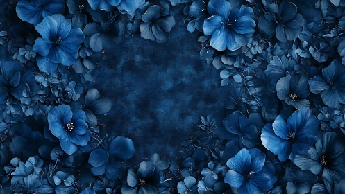 Blue flowers arranged densely fill frame with textured background.