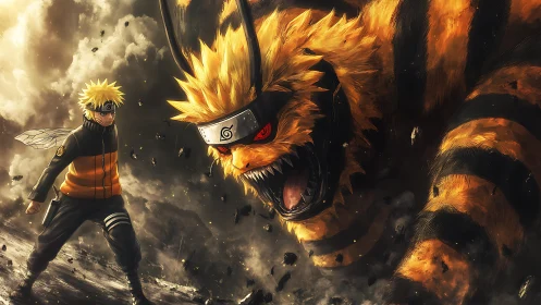 Anime warrior with giant fox beast in dramatic scene.