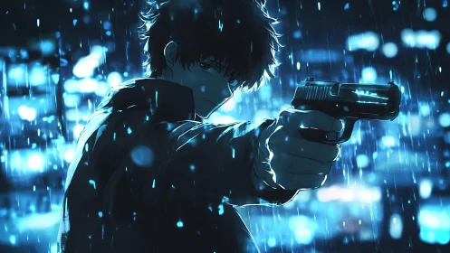 Neo-noir anime gunman in blue-lit urban rain tableau.