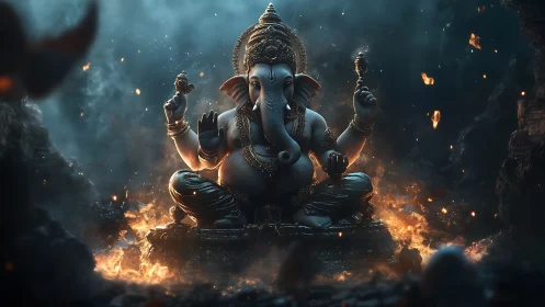 Volumetric-lit Ganesha statue amid embers and dynamic fire field
