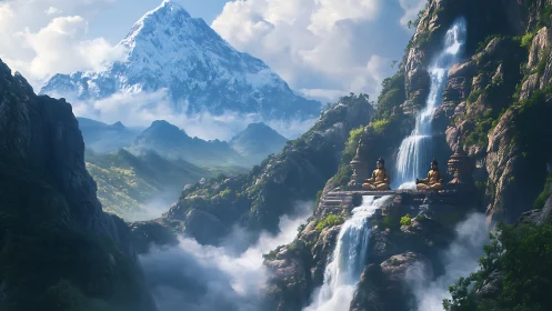 Quiet golden statues welcome calm above misty waterfalls