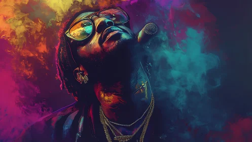 Neon-lit vocalist in chromatic smoke rendered as digital painting