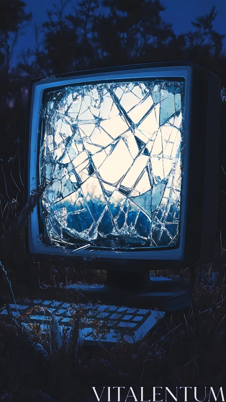 Broken CRT monitor in overgrown field at dusk.