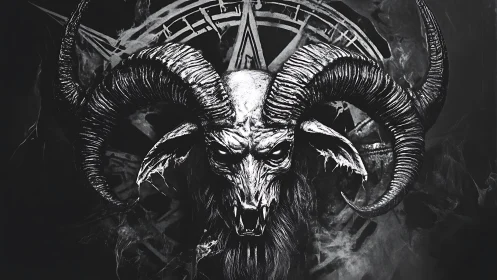 Demonic goat skull with curled horns on dark occult sigil.