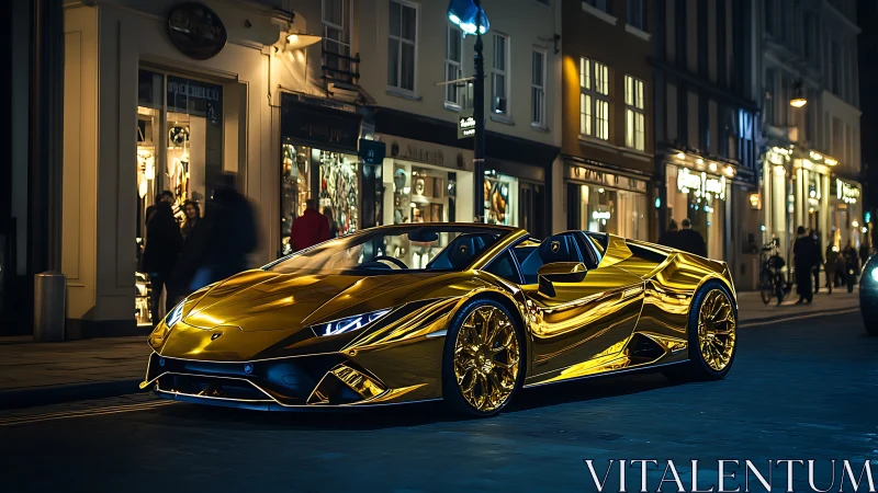 Gold chrome supercar on illuminated luxury shopping street.