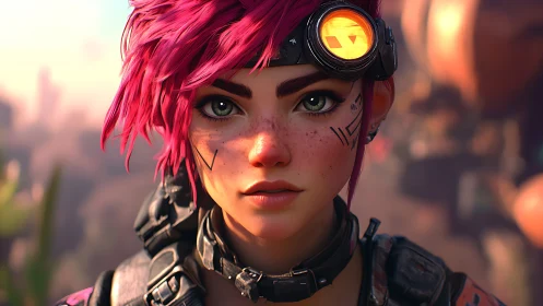 Bold pink‑haired adventurer with glowing tech goggles.