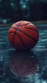 Wet basketball resting on outdoor court in steady rainfall.
