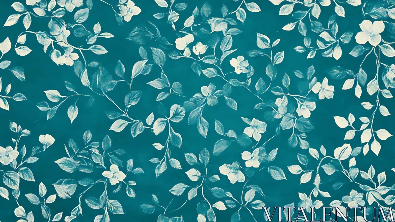 Teal botanical pattern with hand‑rendered white florals.