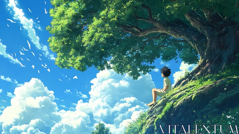 Boy sits beneath large tree on grassy cliff under clear sky