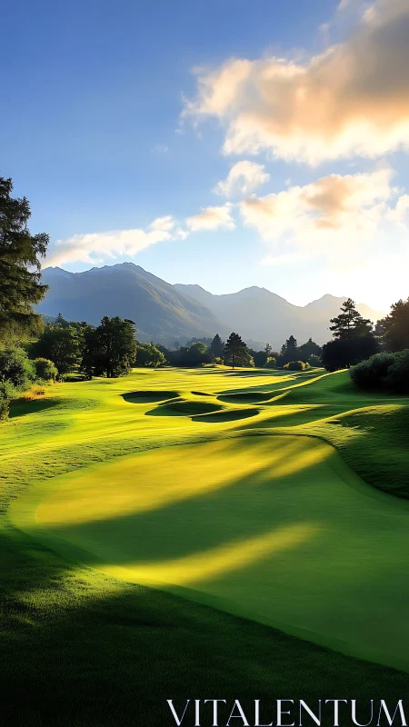 Sunlit golf fairway winds through serene mountain valley.