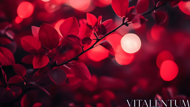 Crimson leaves lean into a bokeh galaxy of wandering lights