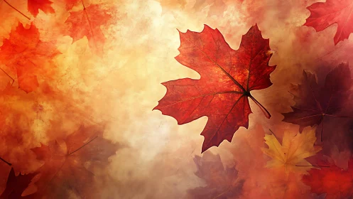 Red maple leaf centered over blurred autumn foliage field