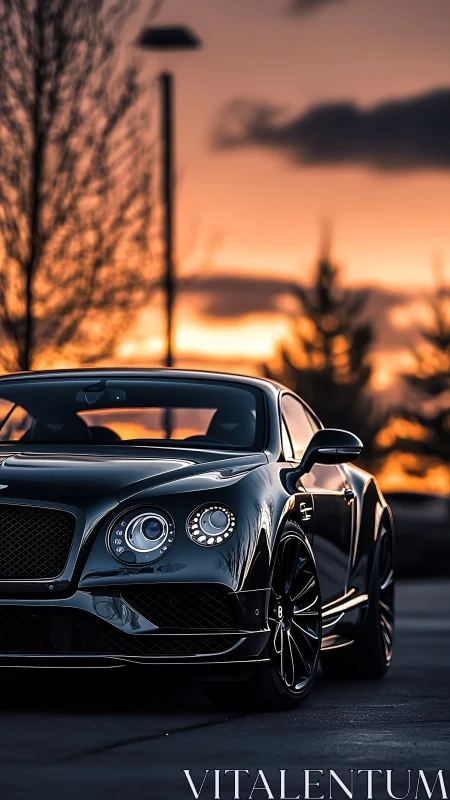 Sunset street portrait of sleek black luxury coupe.