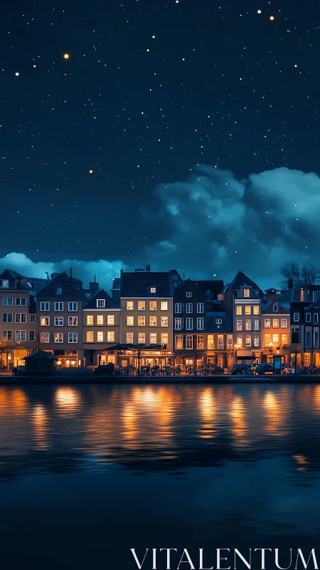 Canalfront townhouses under starlit cobalt night sky.