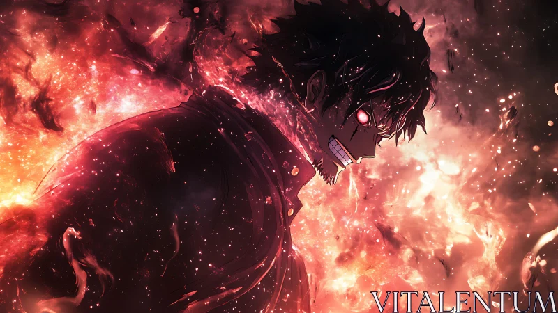 Blazing anime warrior emerging through swirling cosmic fire.