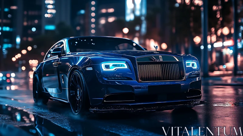 Midnight blue supercar glides through neon city rainstorm.