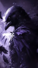 Dark purple raven profile in dramatic side lighting.