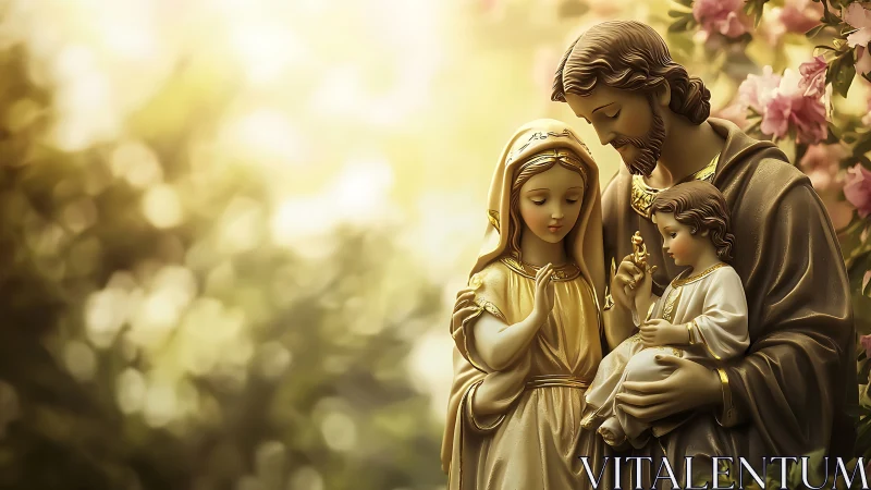 Sunlit family of sacred statues cradles quiet golden grace