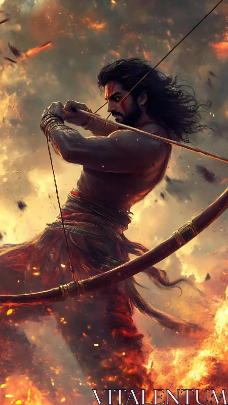 Warrior archer drawing bow amid fire and swirling embers.