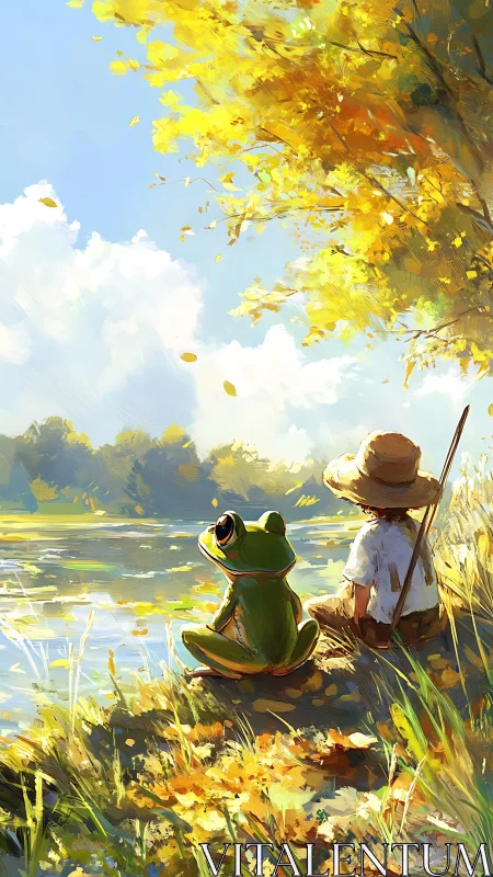 Child and frog share quiet lakeside moment under gold tree