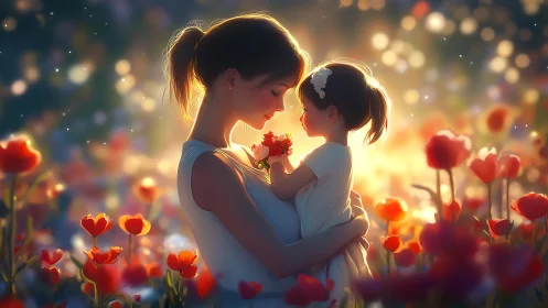 Mother's Warmth Blooms: Golden Hour Grace Among Coral Flowers.