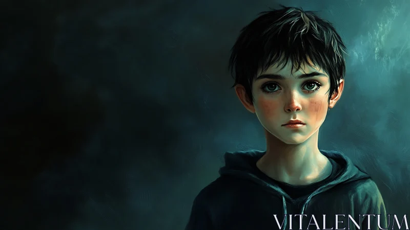 Storm-eyed boy studies the silence between painted shadows