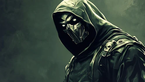 Shadowed hooded warrior stands ready in eerie green light