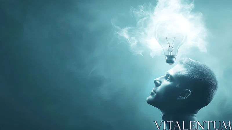 Side profile man with glowing light bulb in misted teal space.