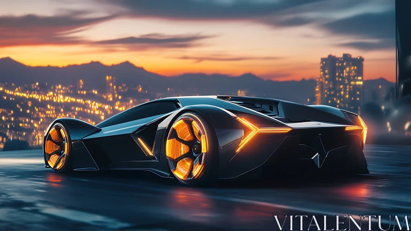 Futuristic supercar glows against neon city sunset skyline.