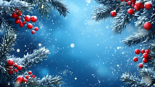Snow-covered evergreen branches surround blue winter background