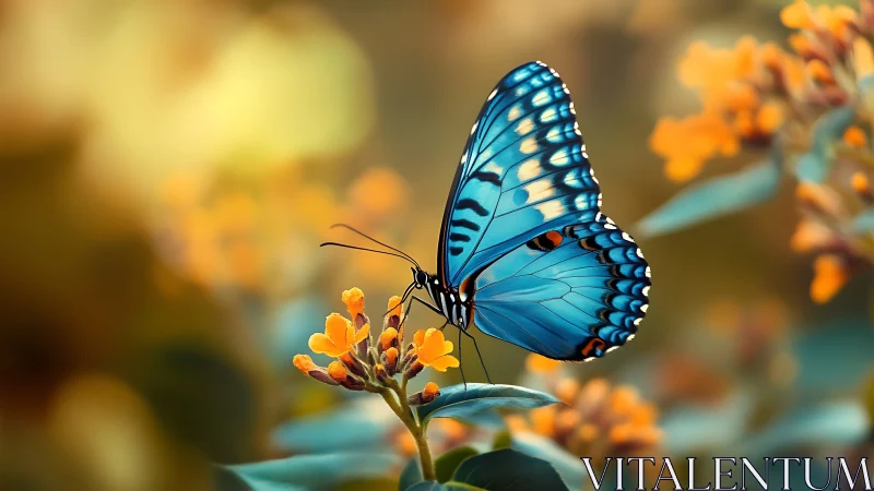 Blue butterfly rests on golden blossoms in soft bokeh field.