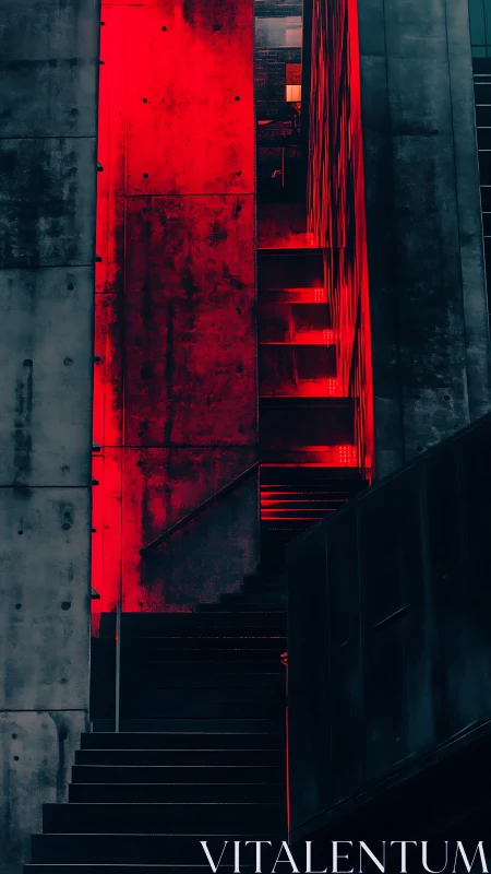 Neon corridor staircase in brutalist cyberpunk composition.