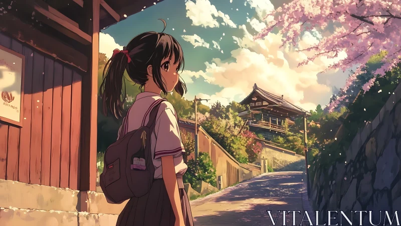 Schoolgirl on sloped street near temple under cherry blossoms.