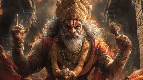 Mythic warrior figure in ornate temple environment. Period.