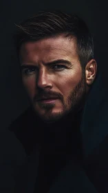 Stormlit gaze of a rugged gentleman in midnight shadows.