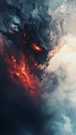 Infernal smoke demon erupts through storm-torn clouds.