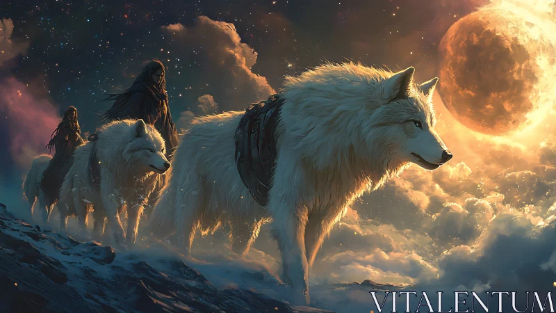 Giant white wolves carry cloaked riders beneath burning moon