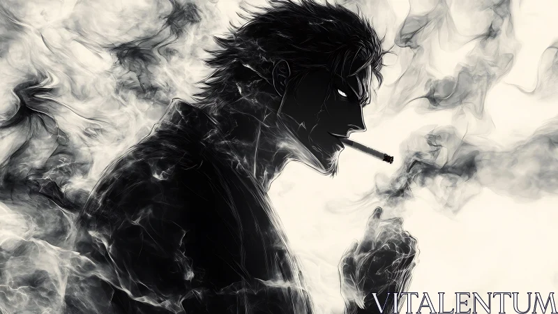 Dark anime smoker emerges from swirling monochrome smoke.