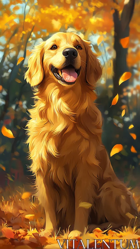 Golden retriever basking in glowing autumn sunshine.