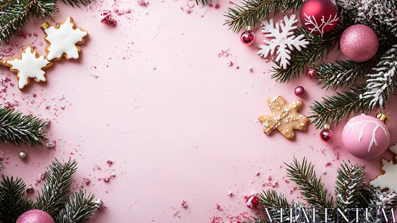Pink Christmas background holds cookies and evergreen decor