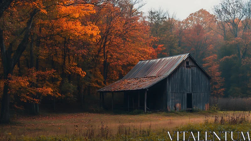 Weathered barn framed by dense autumn foliage in soft haze