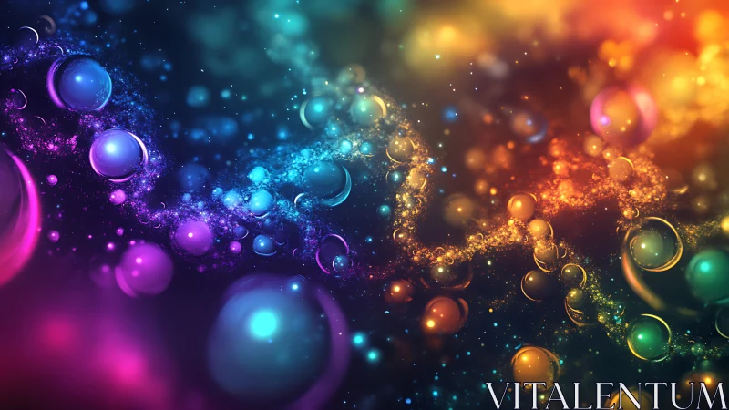 Radiant cosmic bubbles drift through glowing rainbow stardust