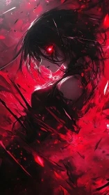 Crimson energy swirls around a fierce anime warrior&rsquo;s gaze