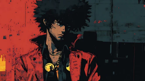 Brooding rebel in red coat against stark urban wall.